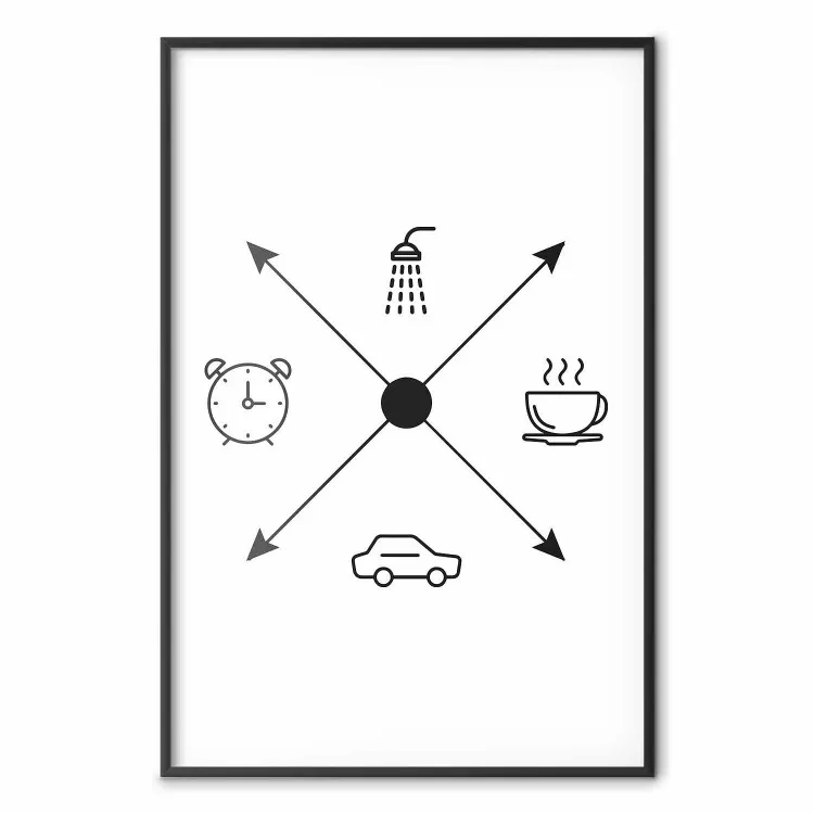 Daily Schedule - black and white composition with a coffee cup and car