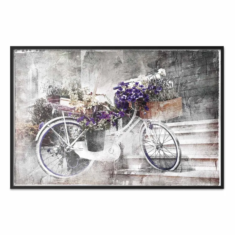 Flowery Bicycle - colorful composition on a retro-style staircase background