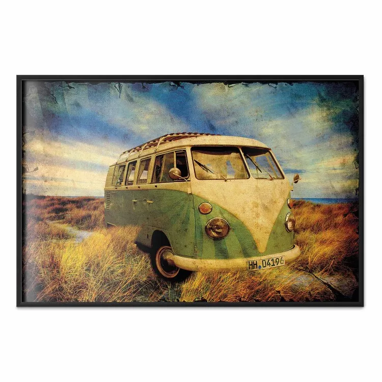Retro Bus - composition among field grass with a automotive motif