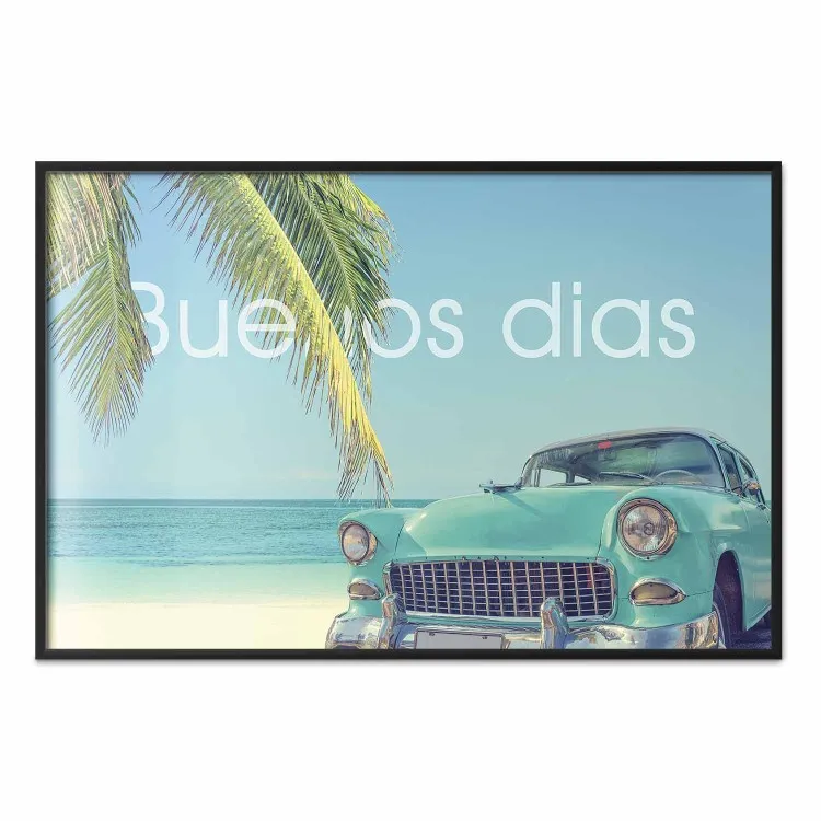 Buenos días - blue retro car against a backdrop of palm trees and blue sky