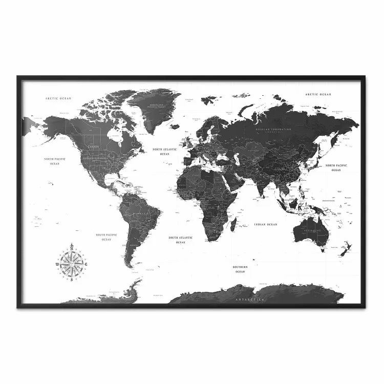 Monochromatic Map - black and white world map with English text