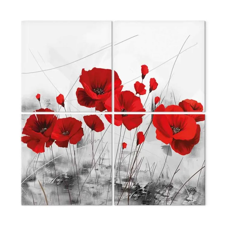 Red Poppies in Meadow (4-part) - Flowers on Gray Natural Background