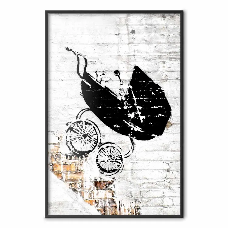 Racing Stroller - mural with a stroller in Banksy style against a white brick wall