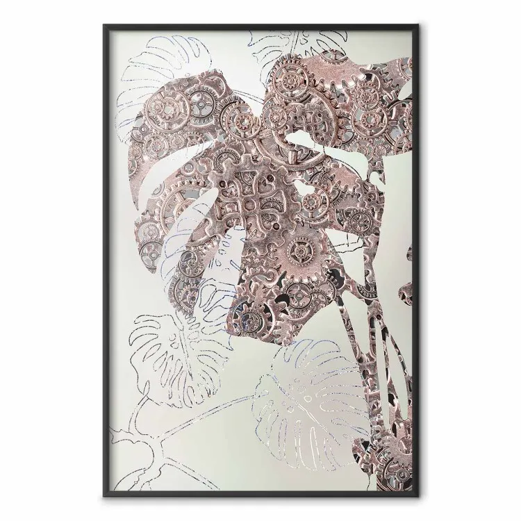 Mechanism of Nature - botanical abstraction with monstera leaves and gears