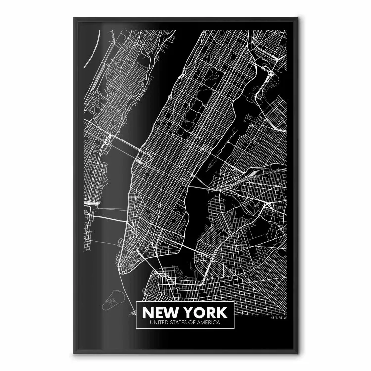 Negative Map: New York - black and white city map in the USA