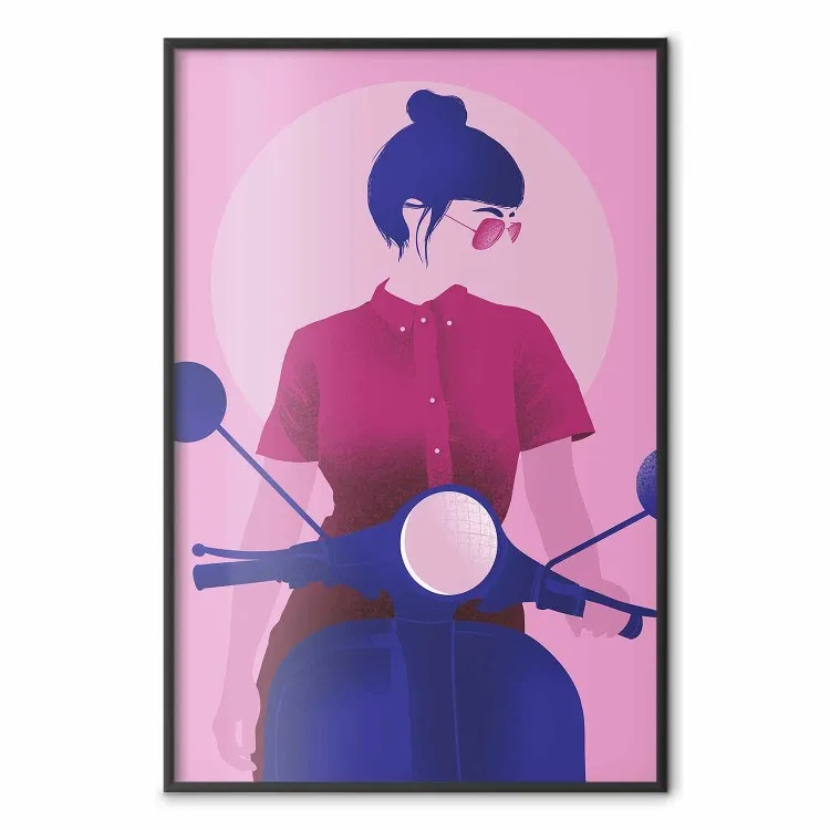 Woman on Scooter - woman on a motorcycle in pastel pink color