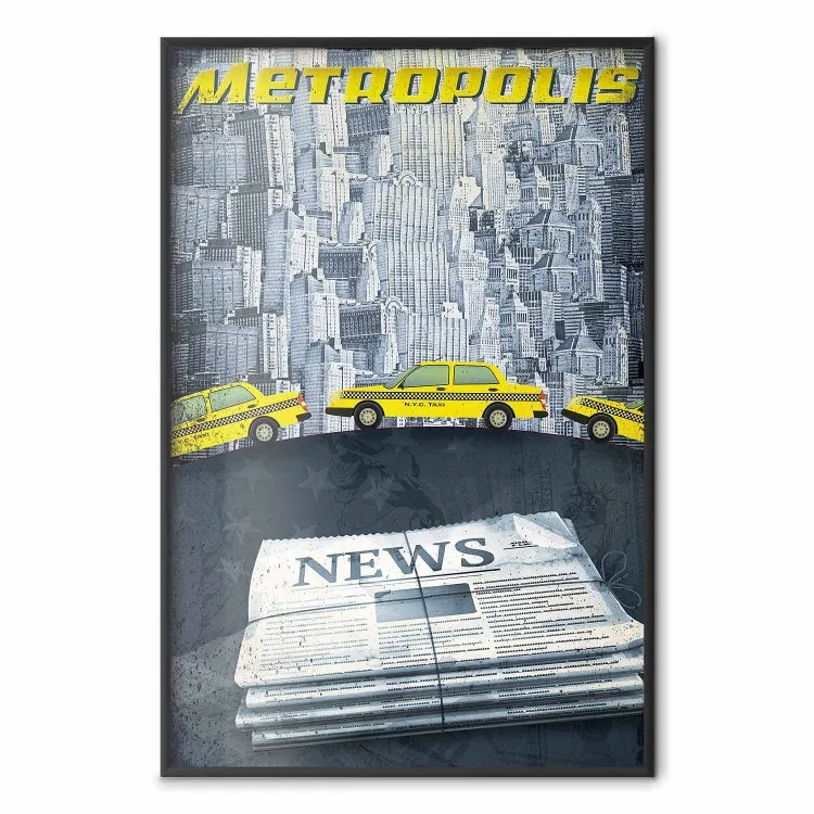 Metropolis - newspapers with captions and yellow cars against skyscrapers