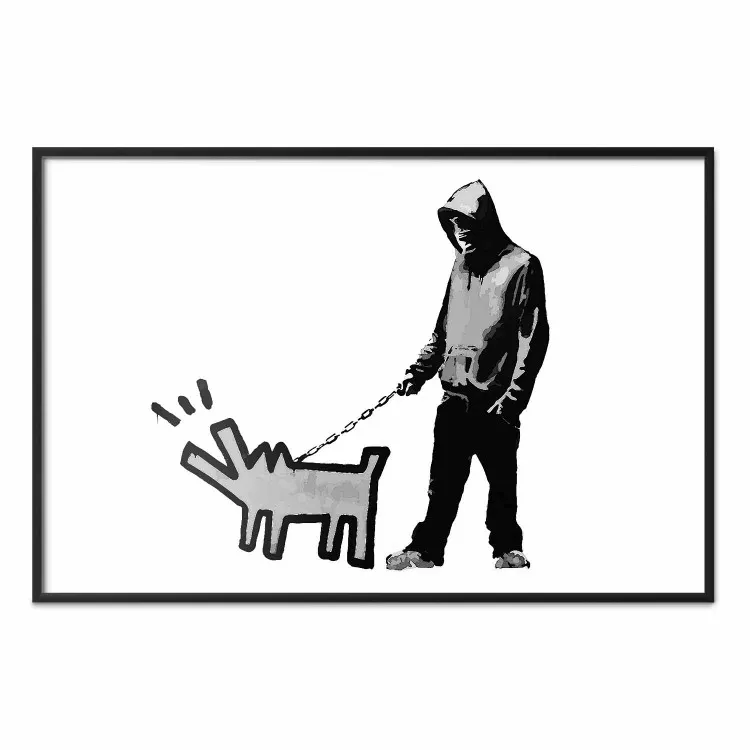 Dog Art - black and white character holding a dog on leash in Banksy style