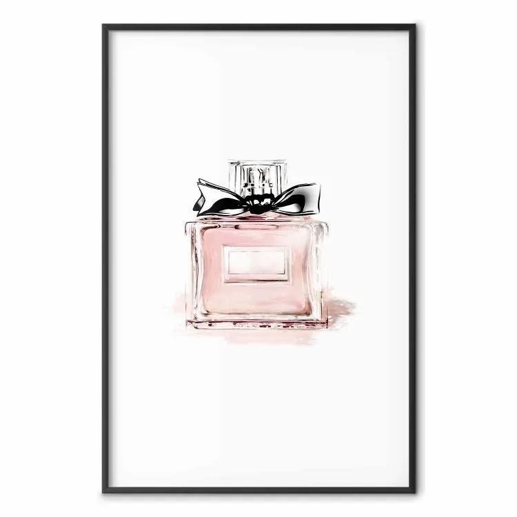 Perfume - pink bottle with a black ribbon on a subtly pastel background