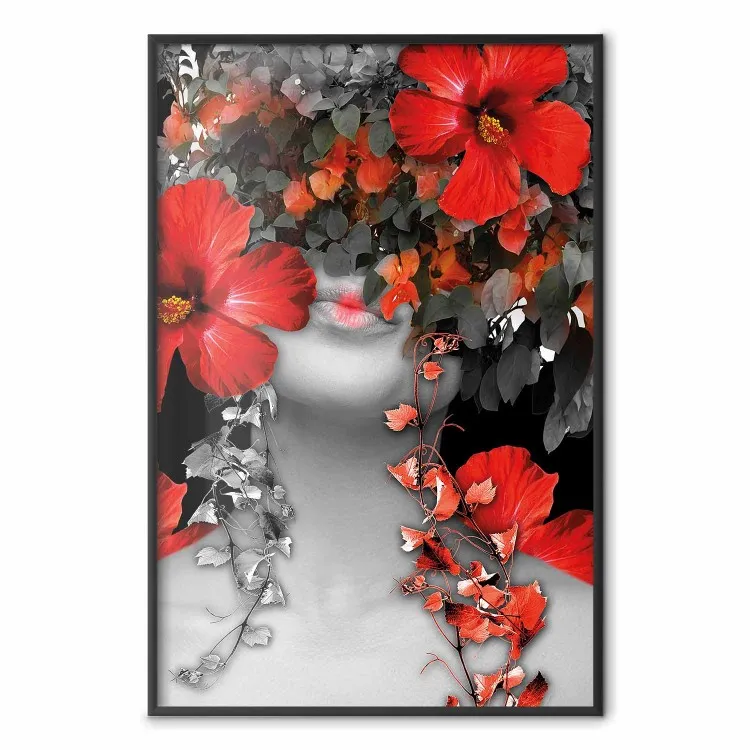 Japanese Dreams - red flowers on an abstract background of a woman