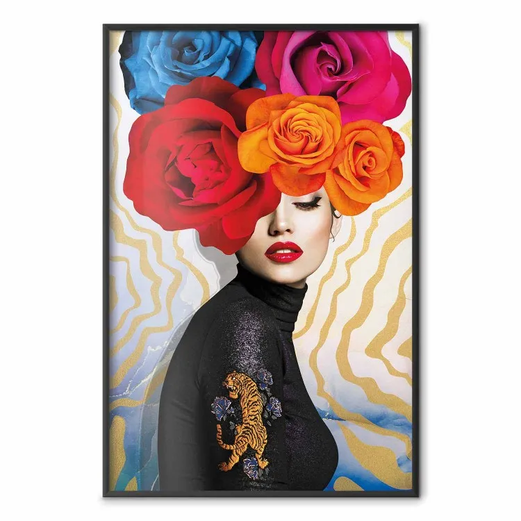 Tiger on Shoulder - portrait of a woman with colorful flowers on her head