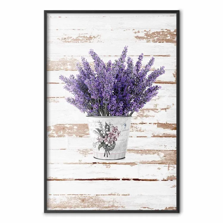 Lavender Bouquet - purple flowers in pot on background of wooden planks