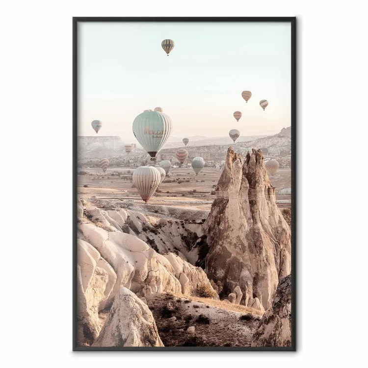 Magical Journey - landscape overlooking stone peaks and hot air balloons