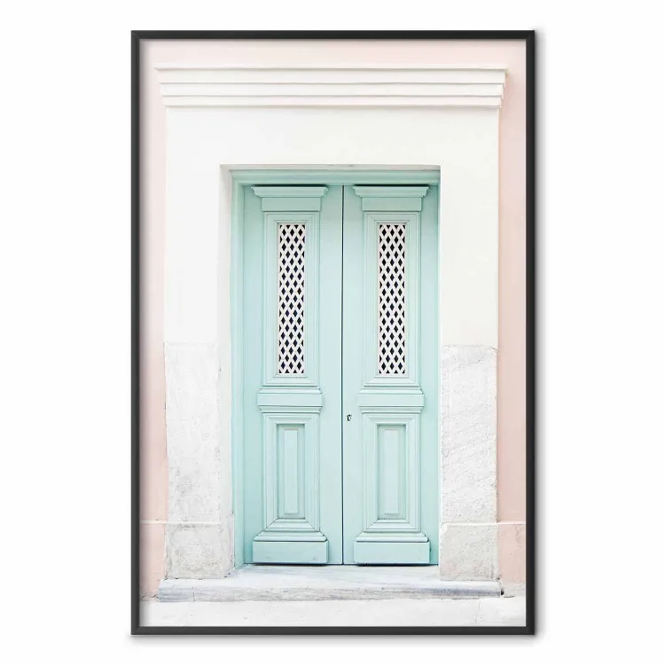Minty Invitation - turquoise door against pastel architecture background