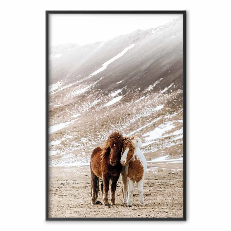 Warm Friendship - autumn landscape of a pair of animals against a mountain backdrop