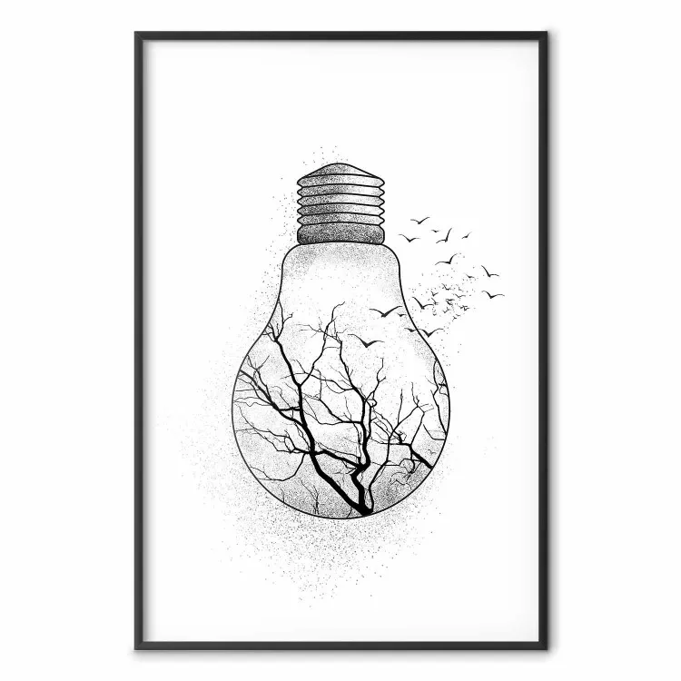 Winter Birds - black and white light bulb with tree and birds on a white background