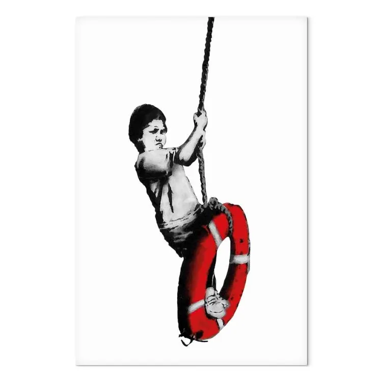 Boy with a lifebuoy - black and white graphic in street art style