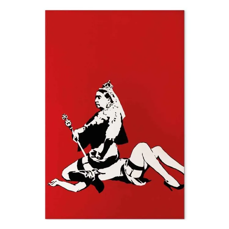 Banksy's Queen - street art style graphic on red background