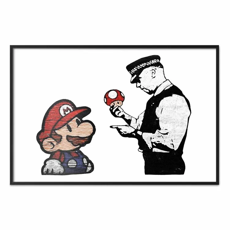 Banksy: Mushroom Picker - colorful character and black policeman on a white background