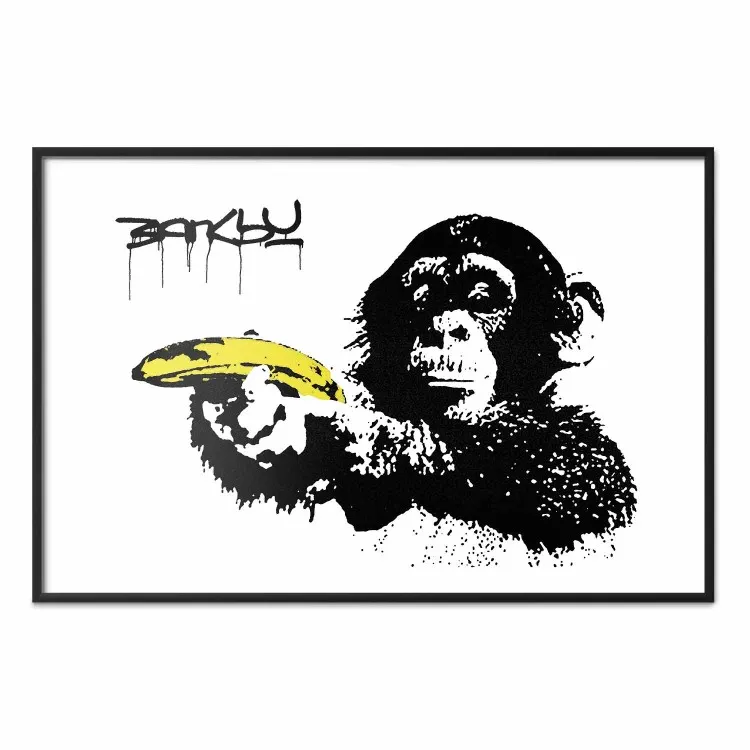 Banksy: Monkey with Banana - black animal with a yellow fruit on a white background