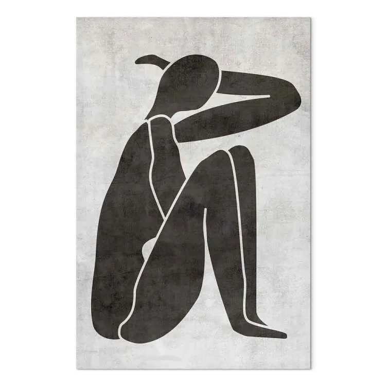 Pensive woman silhouette - black-white graphic in scandi boho style