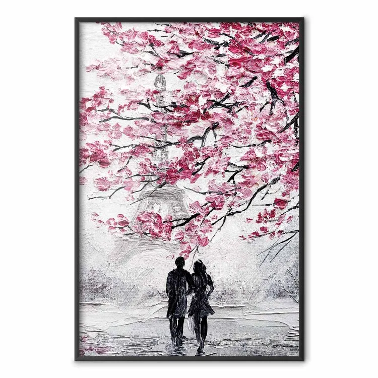 April in Paris - romantic landscape of Paris and a tree with pink leaves