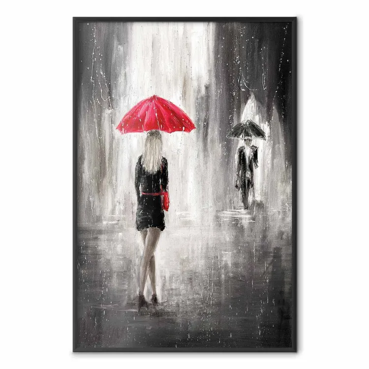 Rainy Encounter - black and white romantic landscape of a couple in the rain