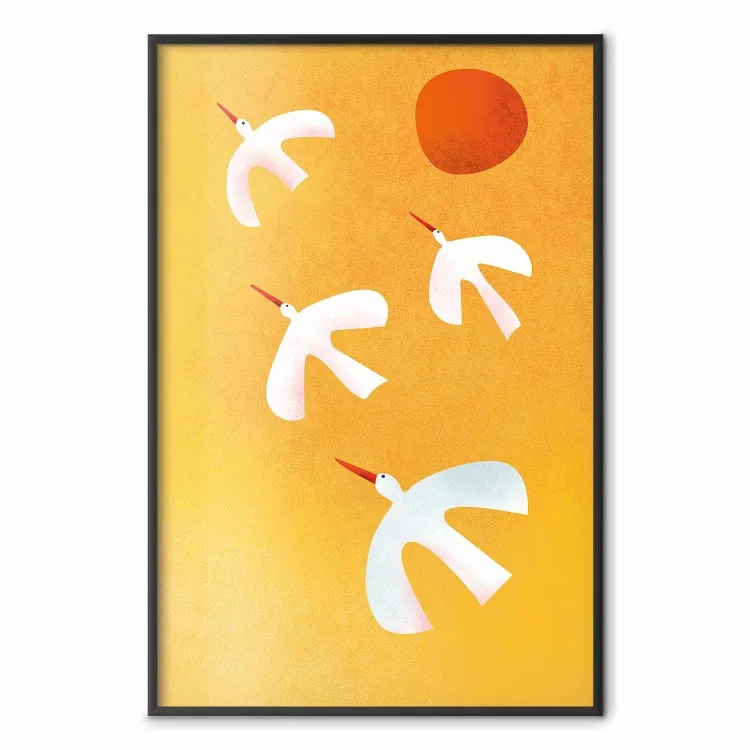 Stork Games - four white flying animals against a yellow sky