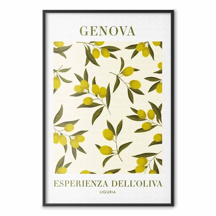 Ligurian Olives - simple composition with small fruits and Italian writings