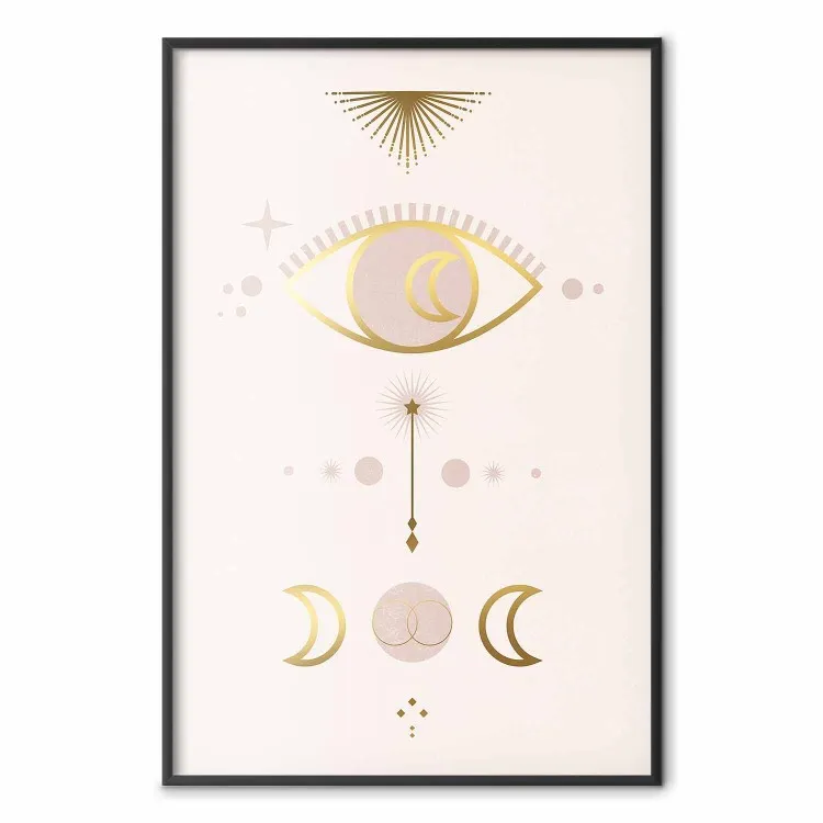 Magical Evening - golden abstraction with moons and an eye on a light background