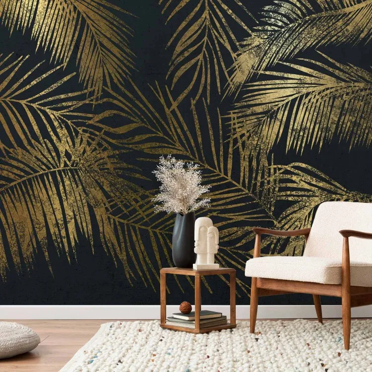 Tropical nature - floral motif of golden palms on a dark blue background