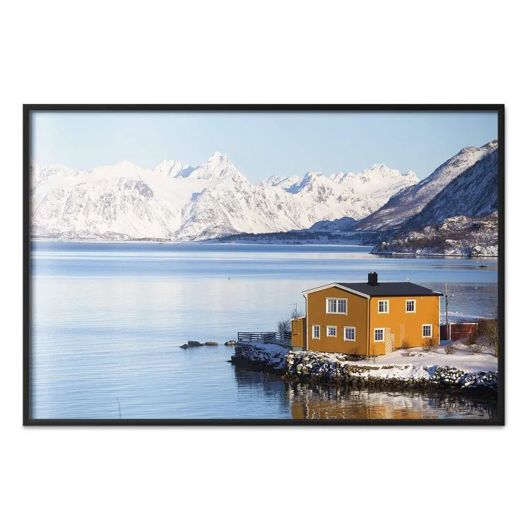 Silence and Peace - winter landscape of a yellow cottage by a lake and mountains