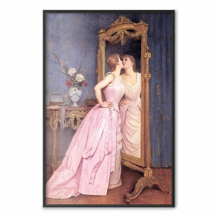 Vanity - woman in a pink long dress looking at herself in the mirror