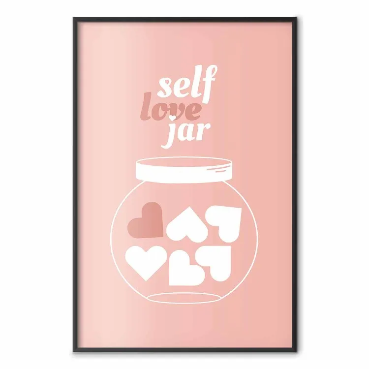 Self Love Jar - jar with hearts and English texts on a pink background