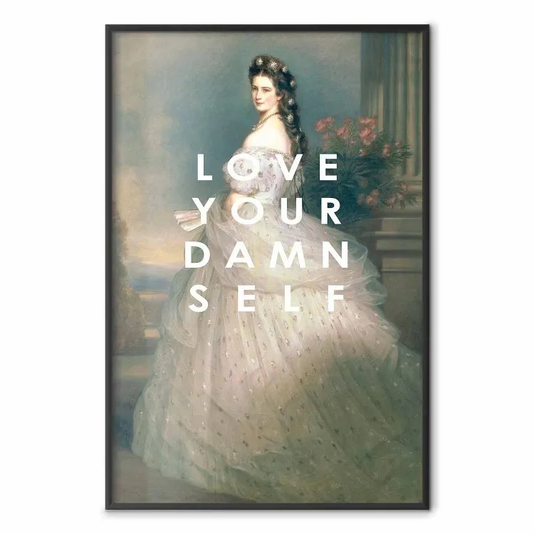 Love Your Damn Self - English texts and a woman in a wedding dress