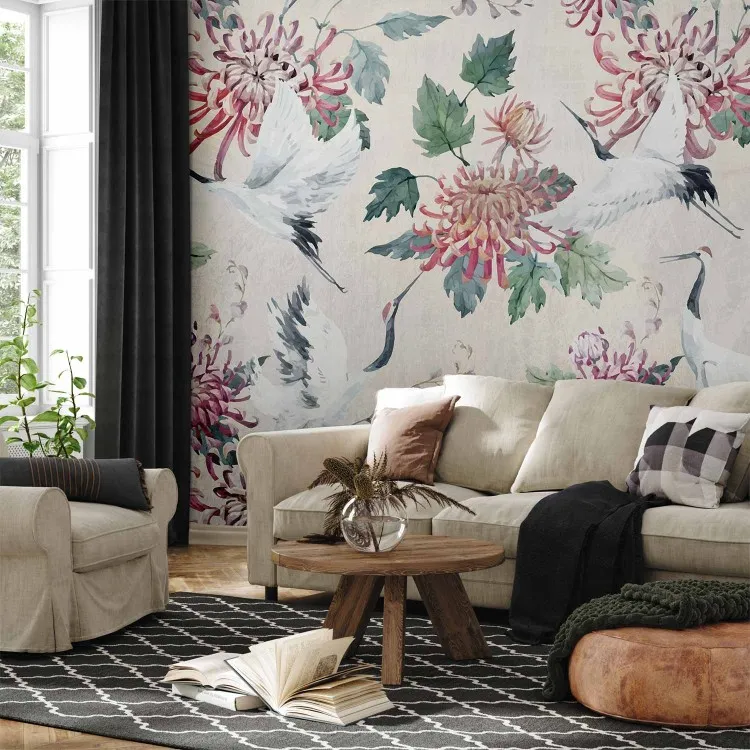 Oriental composition - crane birds motif with flowers and leaves with background