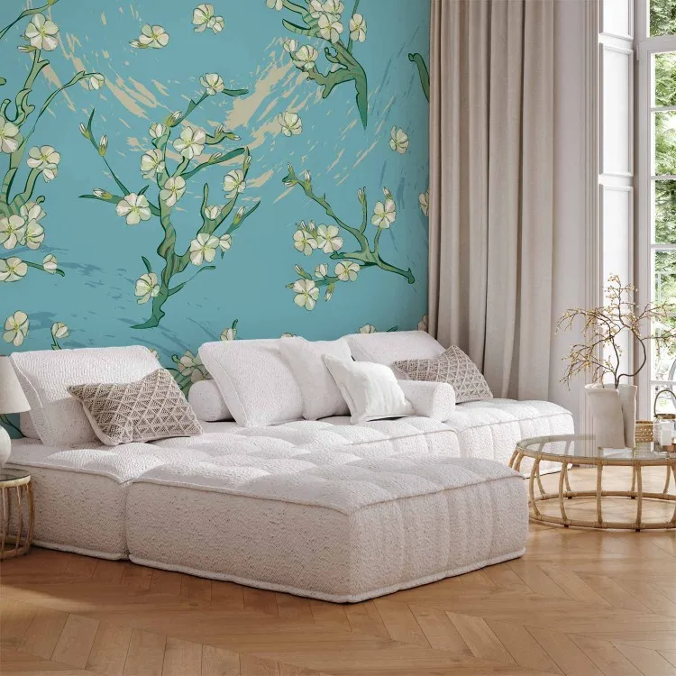 Flowers of Asia - blooming almond tree flowers on a blue background