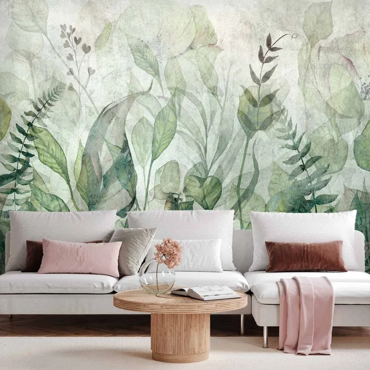 Watercolour meadow - green leaf motif on a grey background