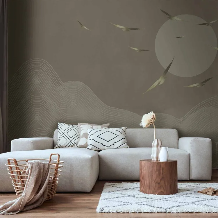 Golden birds flying towards the sun - abstract landscape with mountains