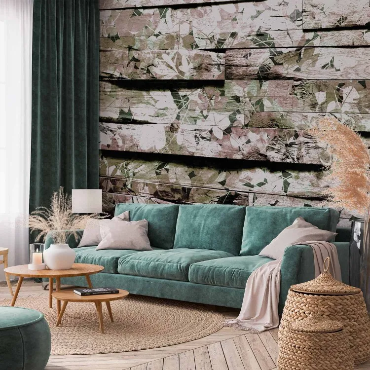Patterned boards - plant motif design with beige leaves on wood