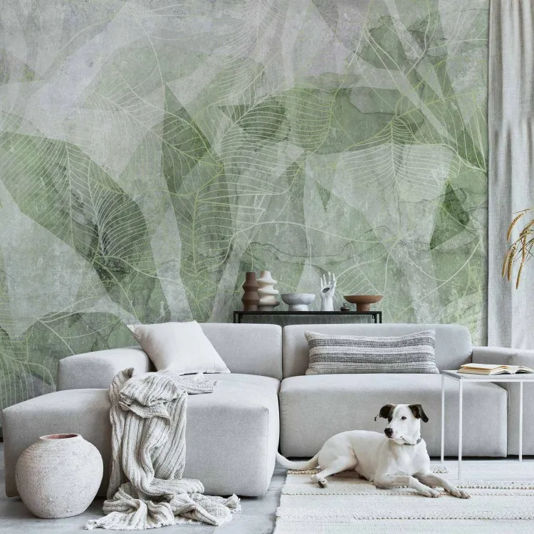 Abstract shadow - interlaced shapes and outline of leaves - green