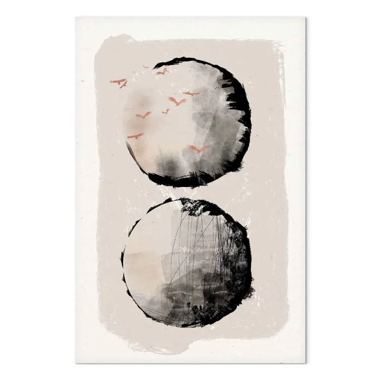 Two Moons (1-piece) - Japanese abstraction in two circles and birds