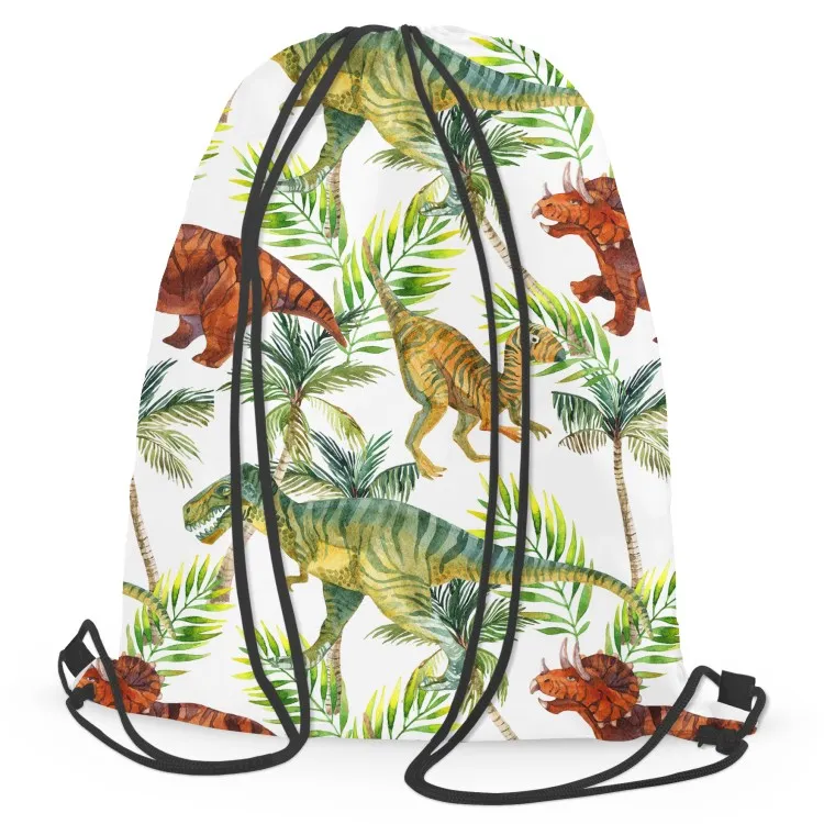 Tropical dinosaurs - animals, plants and palms on bright background