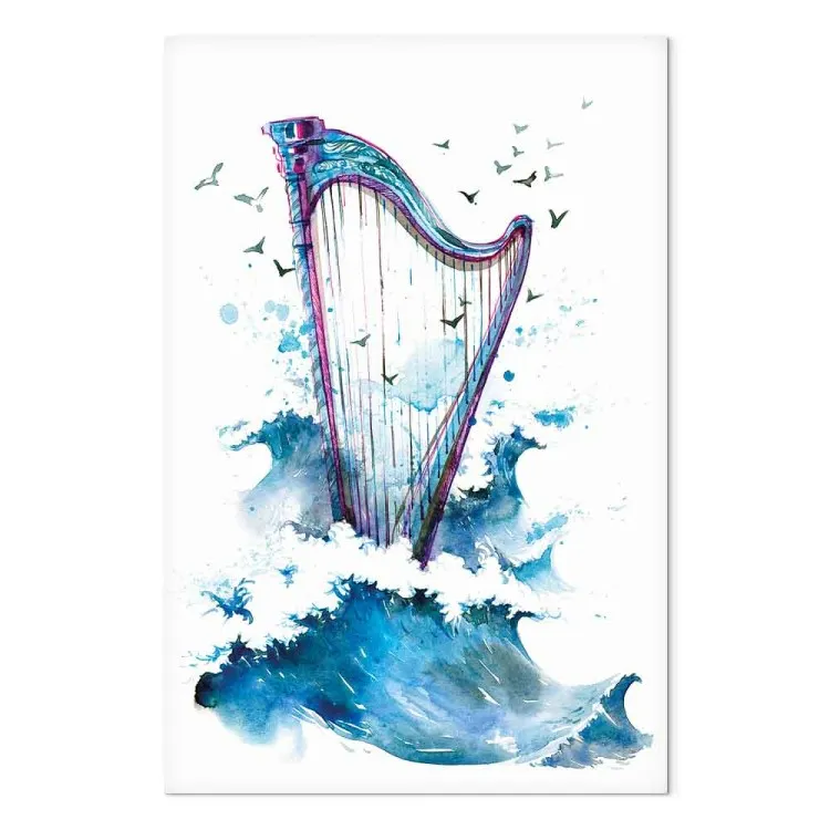 Harp and Waves - Musical Theme With Birds Painted With Watercolor