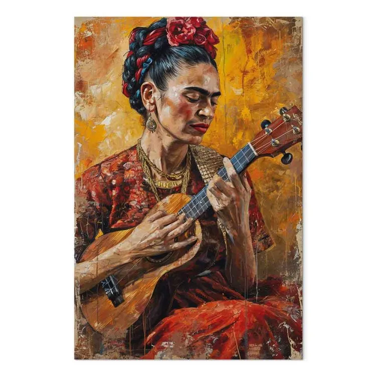 Frida Kahlo - woman playing the ukulele on a brown background