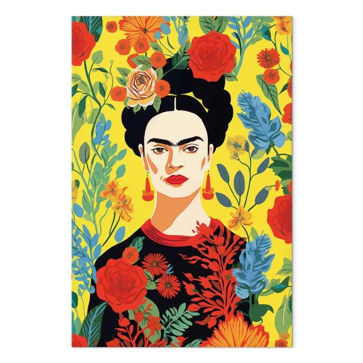 Frida Kahlo - portrait of the artist on a yellow floral background