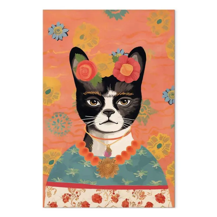 Animal portrait - cat with flowers inspired by Frida's image