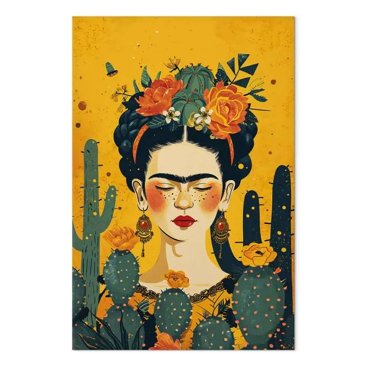 Frida with cactus - portrait of the painter on an orange background