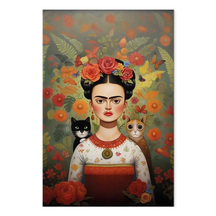 Cartoon Frida - colourful portrait of the artist with two cats