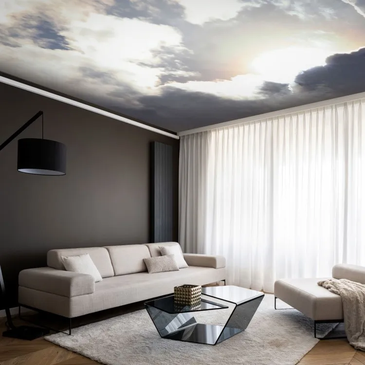 Sky With Clouds - Light Blue Motif With Sun Rays